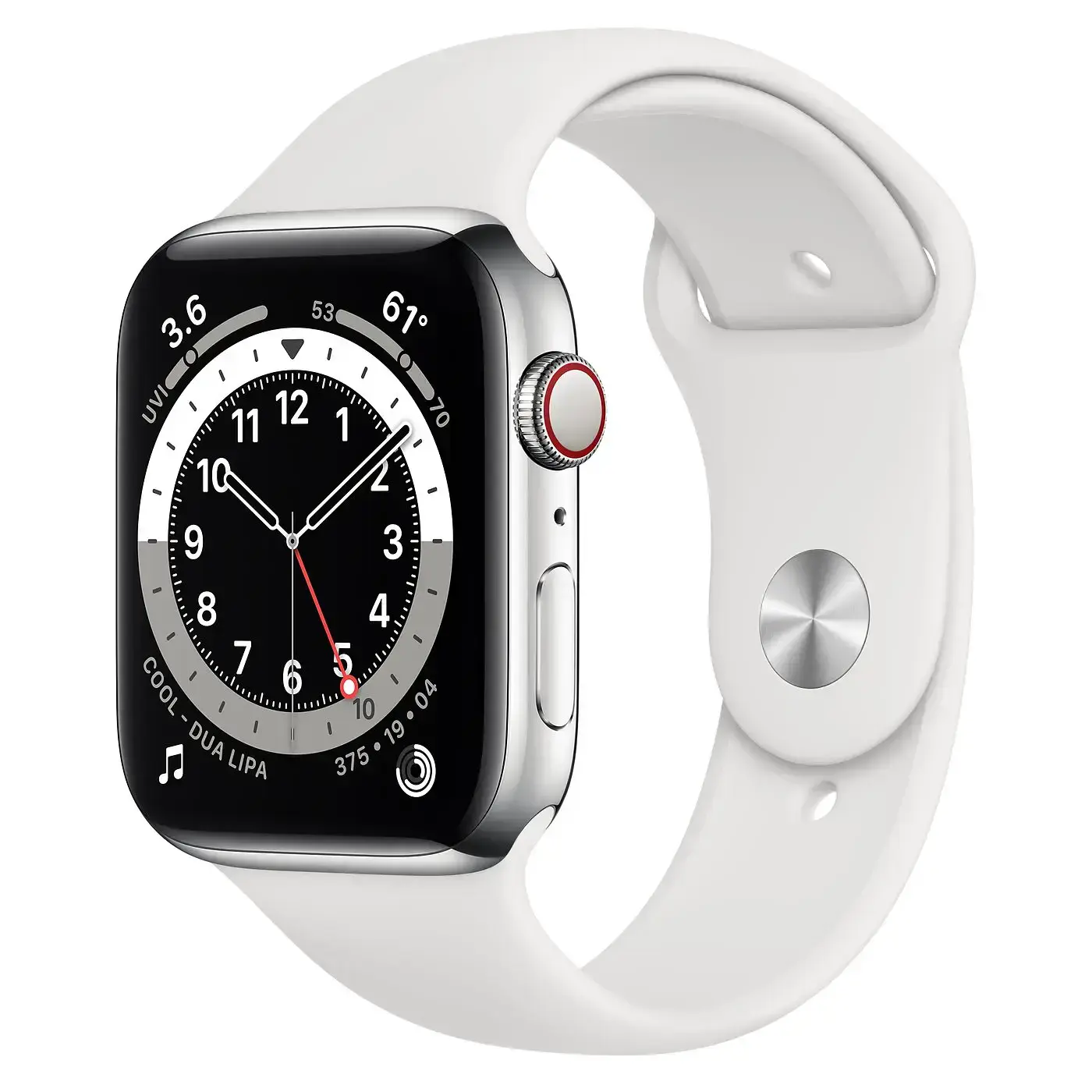 Apple Watch Series 6 GPS + Cellular 44mm Silver Stainless Steel Case with White Sport Band (M07L3, M09D3)